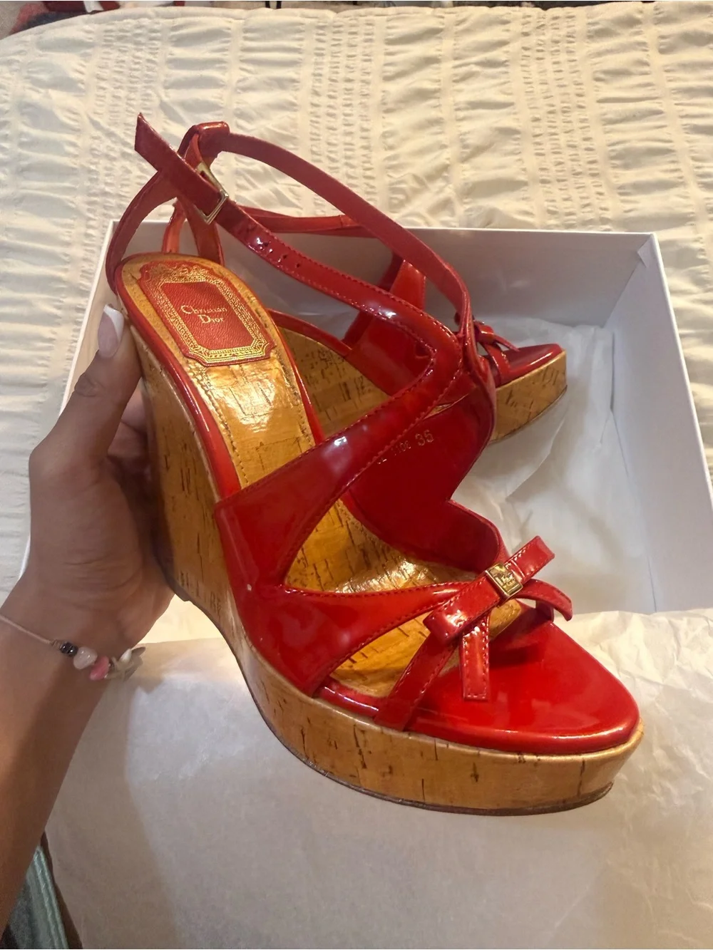 Red Patent Cork Wedge Sandals - Women's Strappy Platform Heels